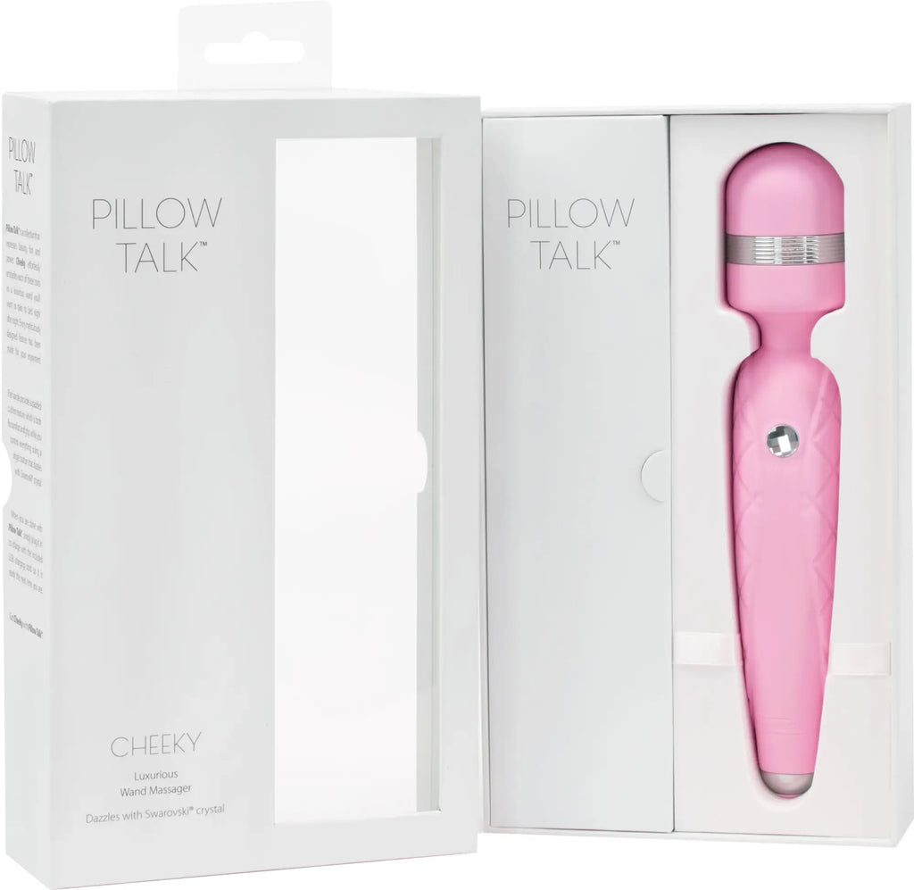 Pink pillow talk cheeky wand massager with silver accent band and swarovski crystal for personal pleasure