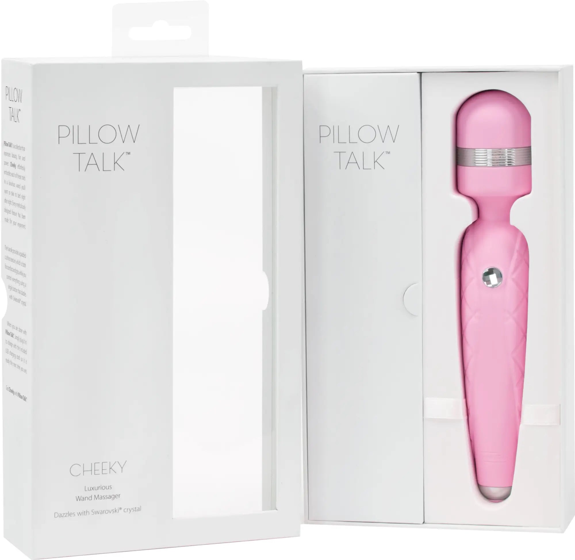 Pink pillow talk cheeky wand massager with silver accent band and swarovski crystal for personal pleasure