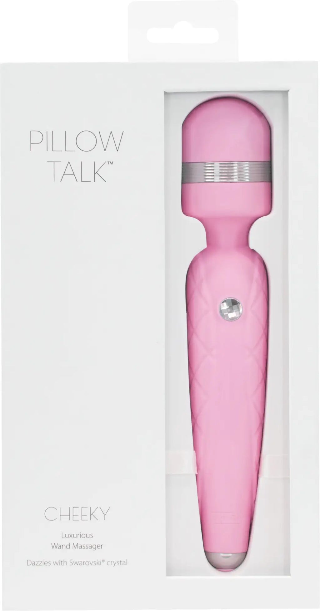 Pink pillow talk cheeky wand massager with silver accent band and swarovski crystal embellishment for personal use
