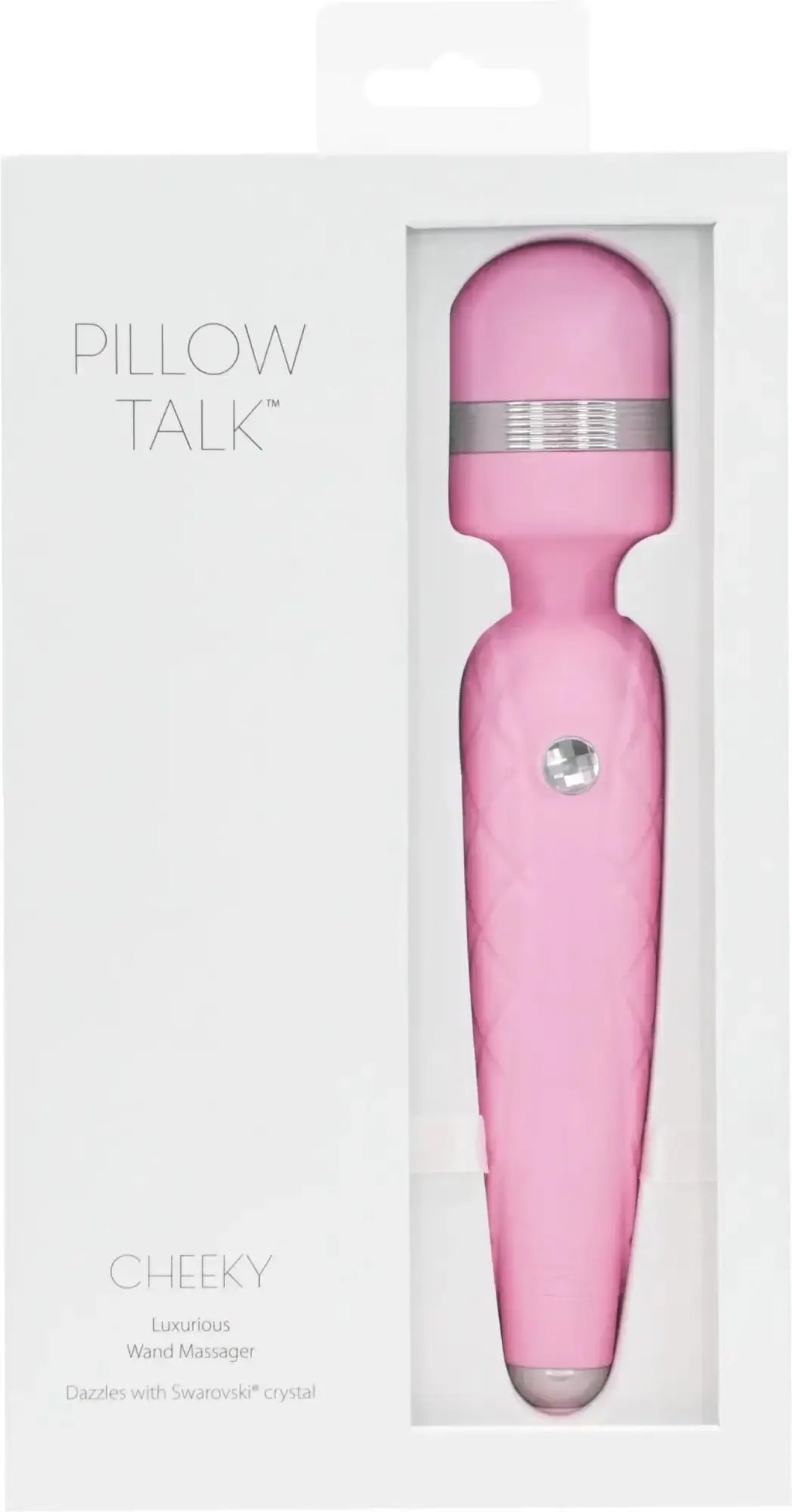 Pink pillow talk cheeky wand massager with silver accent band and swarovski crystal embellishment for personal use