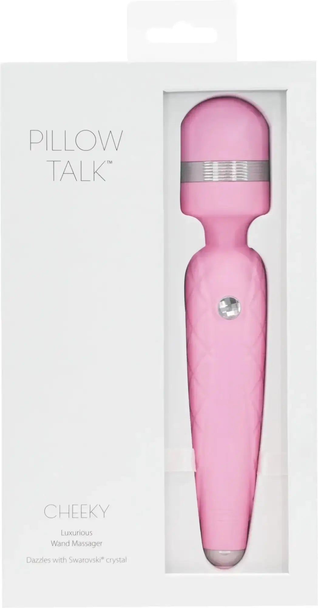 Pink pillow talk cheeky wand massager with silver accent band and swarovski crystal embellishment for personal use