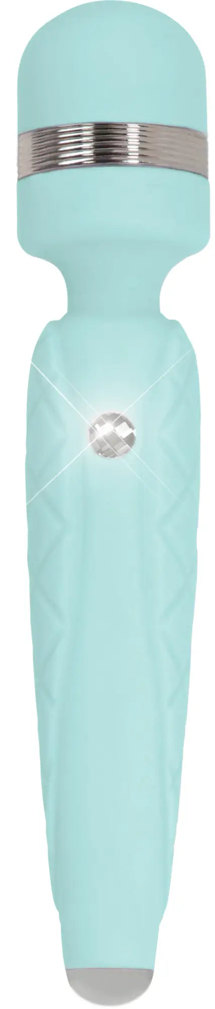 Pillow talk cheeky teal wand in light blue silicone with silver band and sparkling gemstone accent