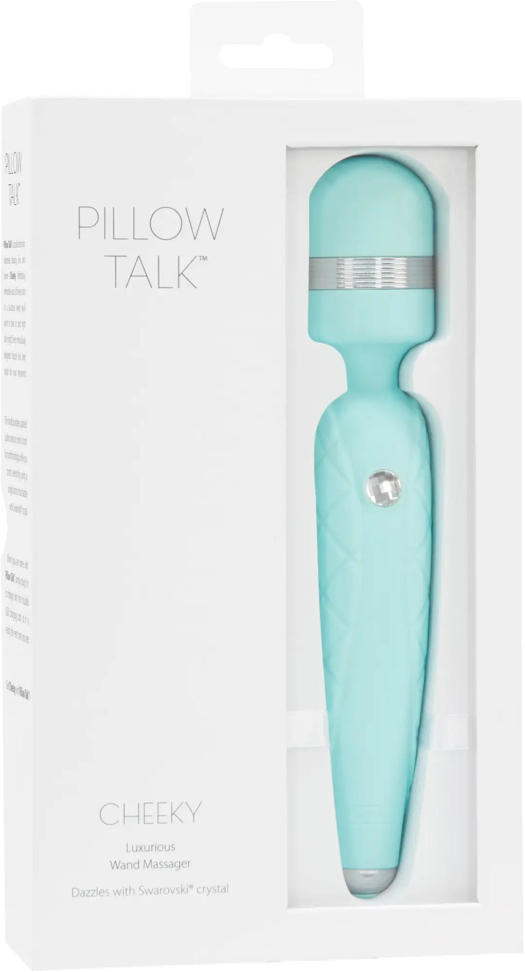 A mint green Pillow Talk cheeky wand massager with a silver accent band and crystal detail in teal