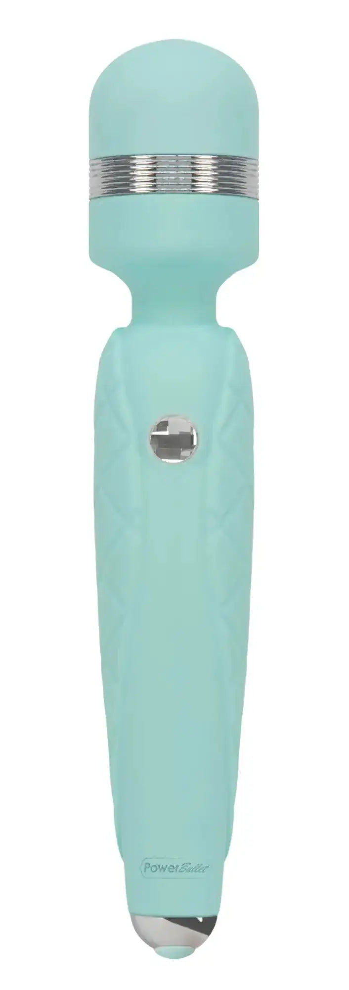 A sleek mint green pillow talk cheeky teal powerglove wand with a silver metallic band and button