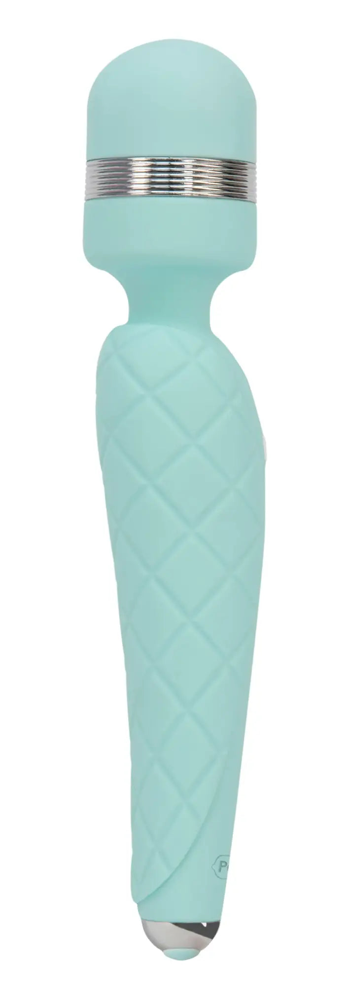 A mint green quilted texture wand-style vibrator with silver metallic band and tip pillow talk cheeky teal model