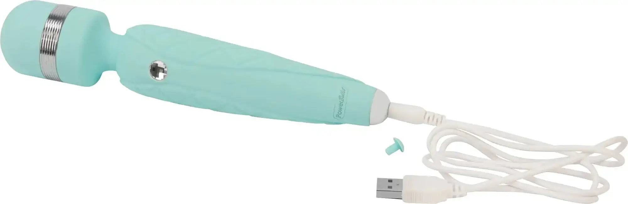 A mint green silicone-wrapped Pillow Talk Pillow Talk cheeky teal wand with a silver metallic band and USB charging cable