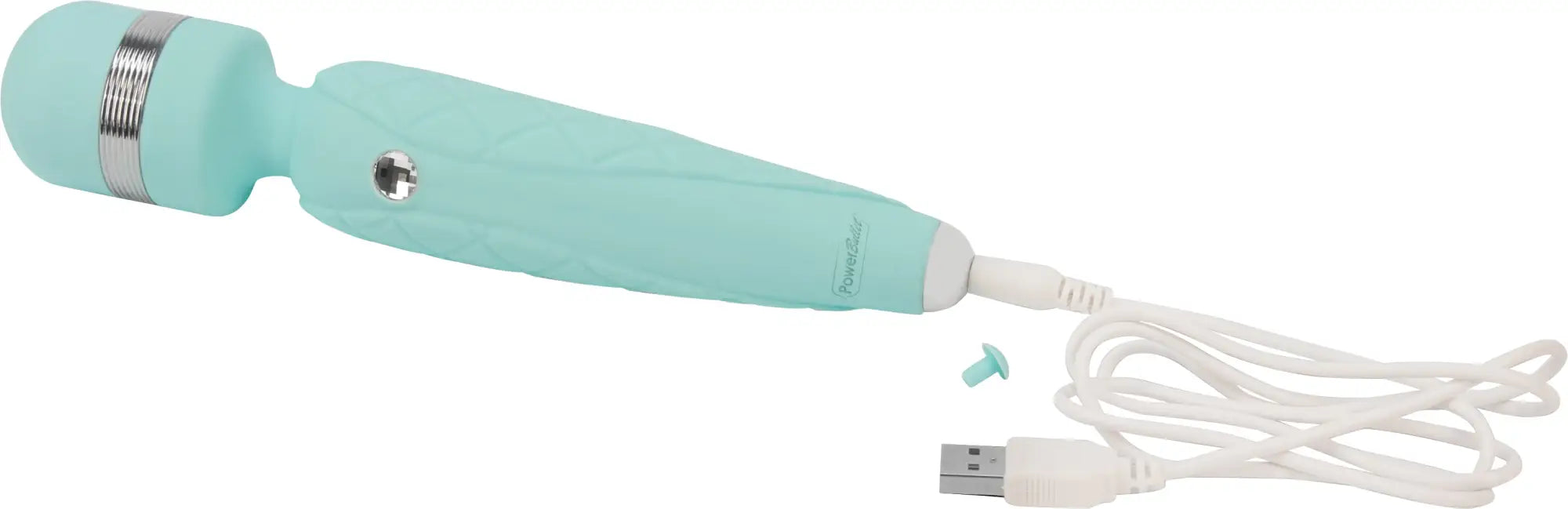 A mint green silicone-wrapped Pillow Talk Pillow Talk cheeky teal wand with a silver metallic band and USB charging cable