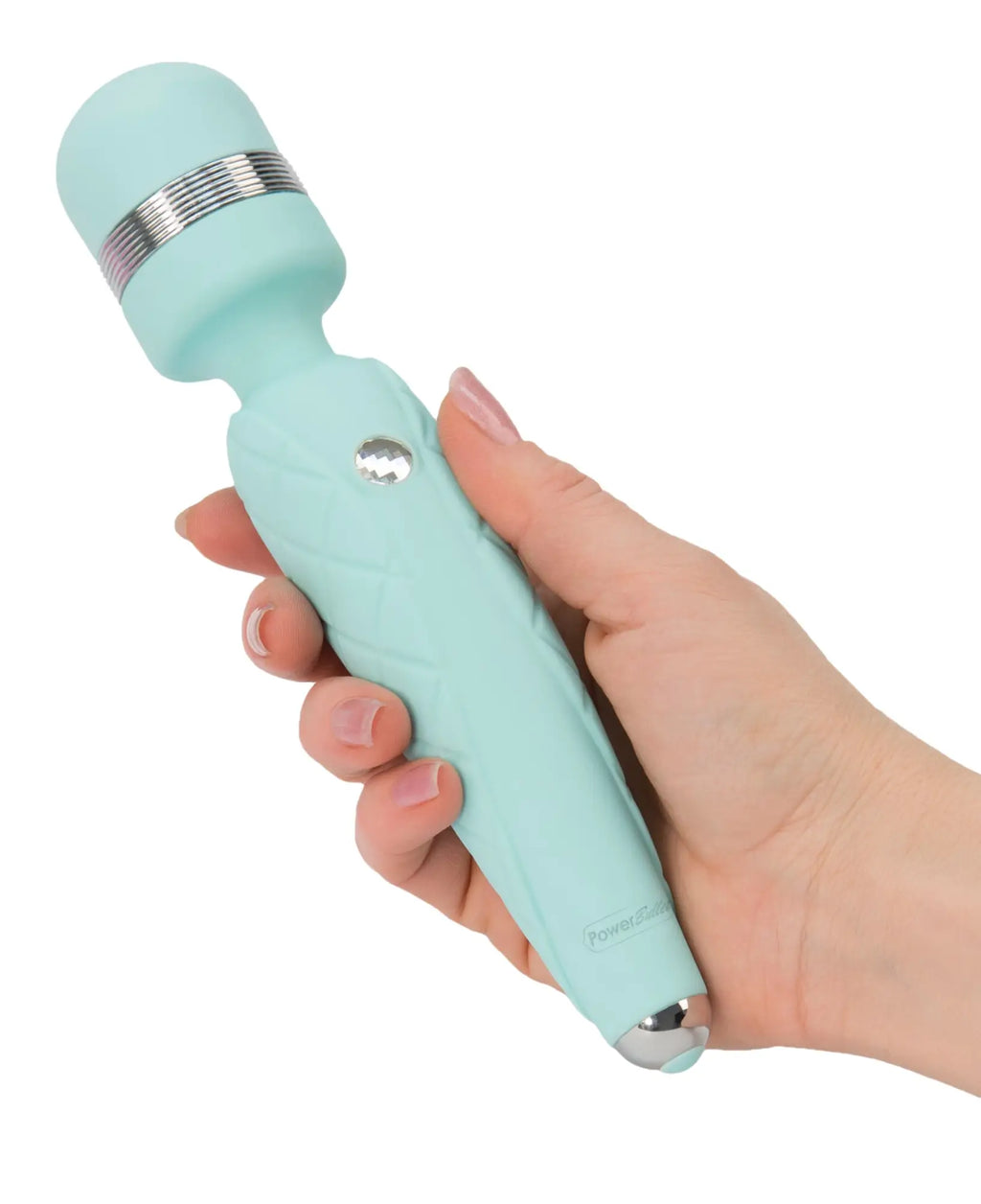 A mint green silicone wand-style vibrator with a silver metallic band from pillow talk cheeky teal collection