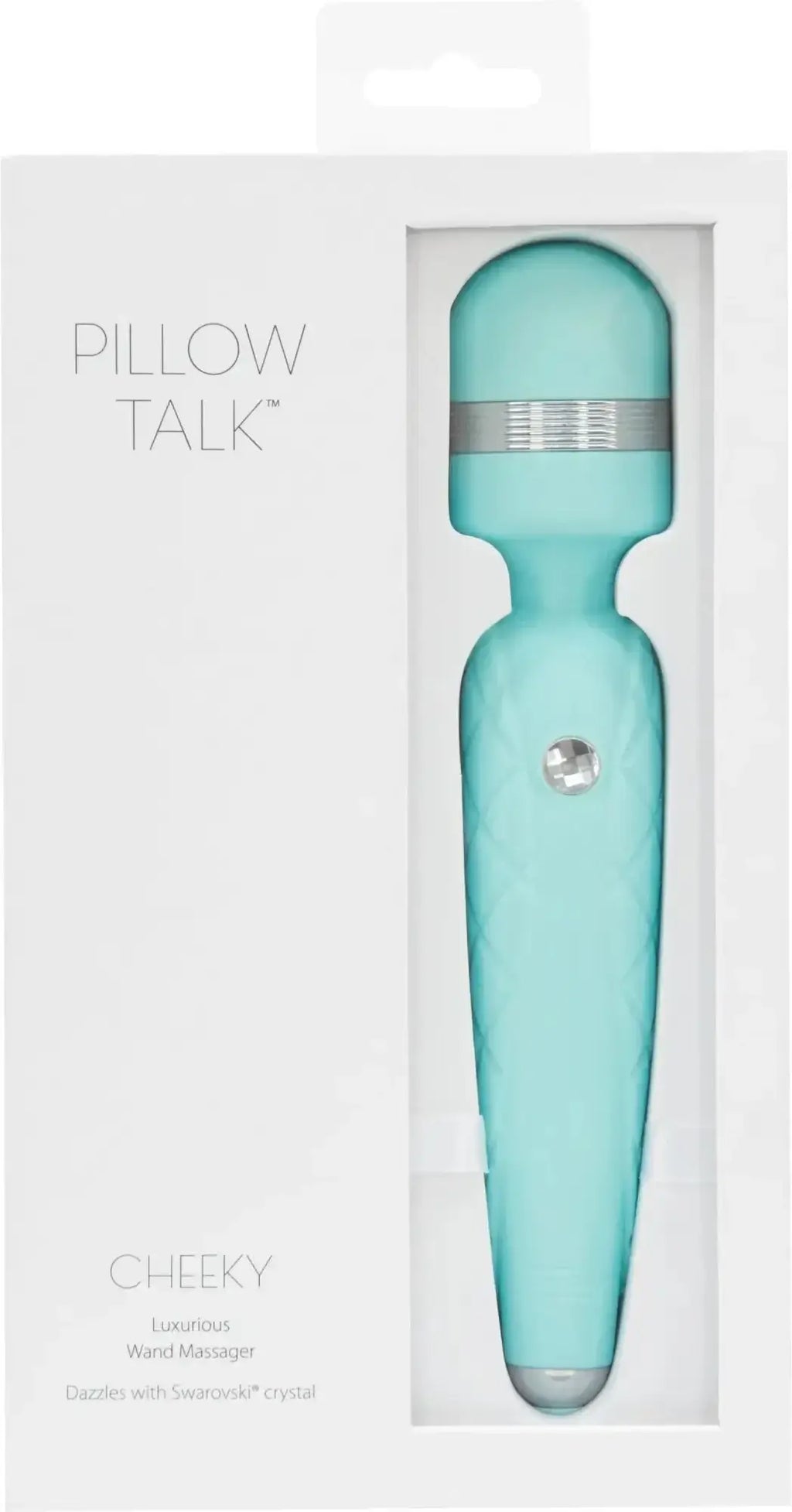 A sleek mint green pillow talk cheeky wand massager with silver accent and a swarovski crystal near the handle