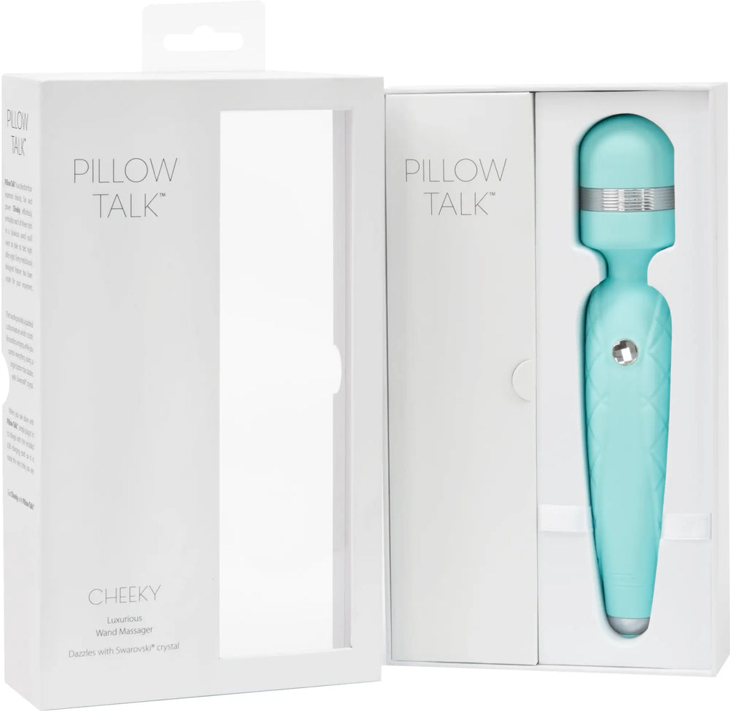 Pillow talk cheeky teal wand massager in light blue with textured grip and silver accent band for personal use