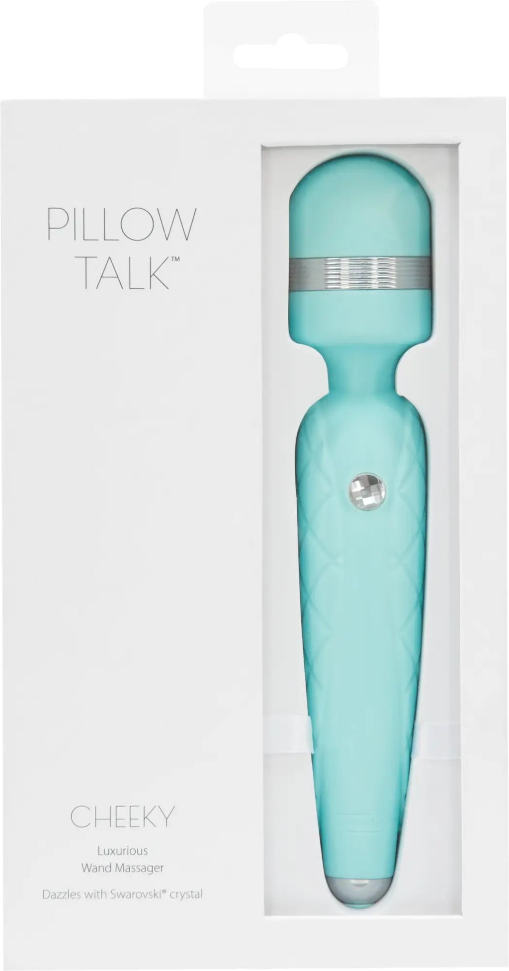 A sleek mint green pillow talk cheeky wand massager with silver accent and a swarovski crystal near the handle