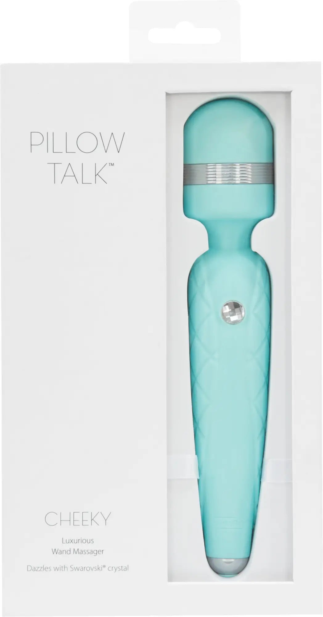 A sleek mint green pillow talk cheeky wand massager with silver accent and a swarovski crystal near the handle