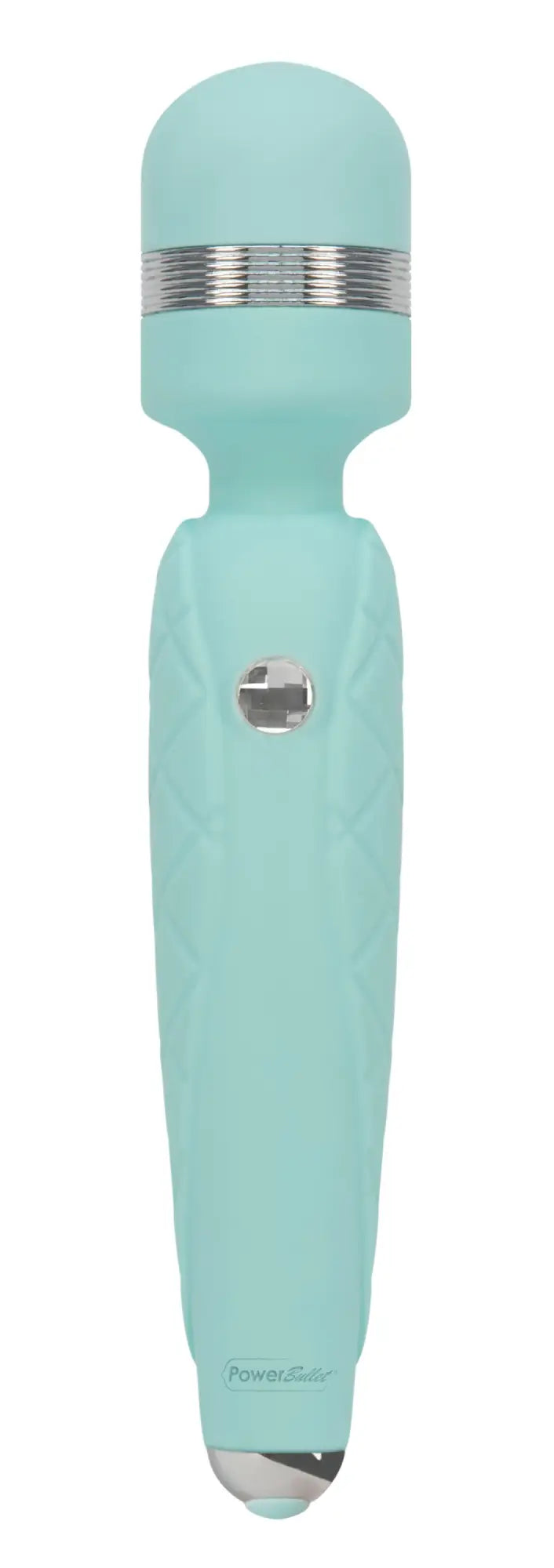 A sleek mint green pillow talk cheeky teal powerglove wand with a silver metallic band and button