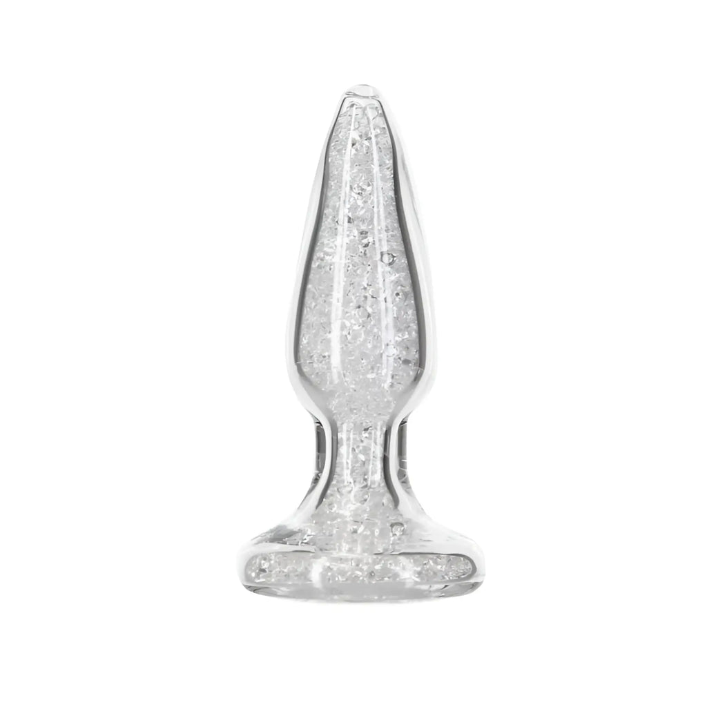 Clear glass pillow talk fancy luxurious anal plug with embedded glittery crystals and clear gem decoration