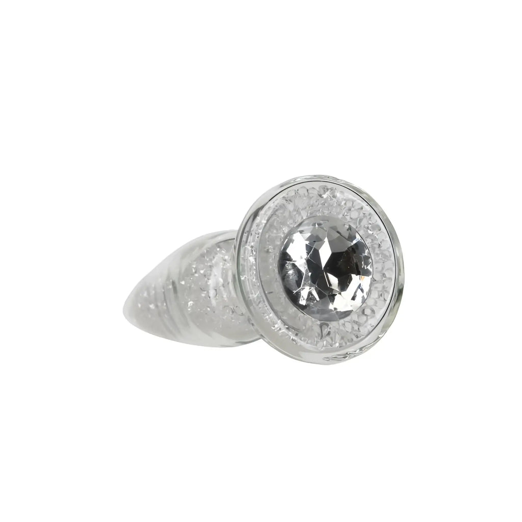 Silver-toned pillow talk fancy luxurious glass anal plug with central faceted crystal and halo of clear crystals