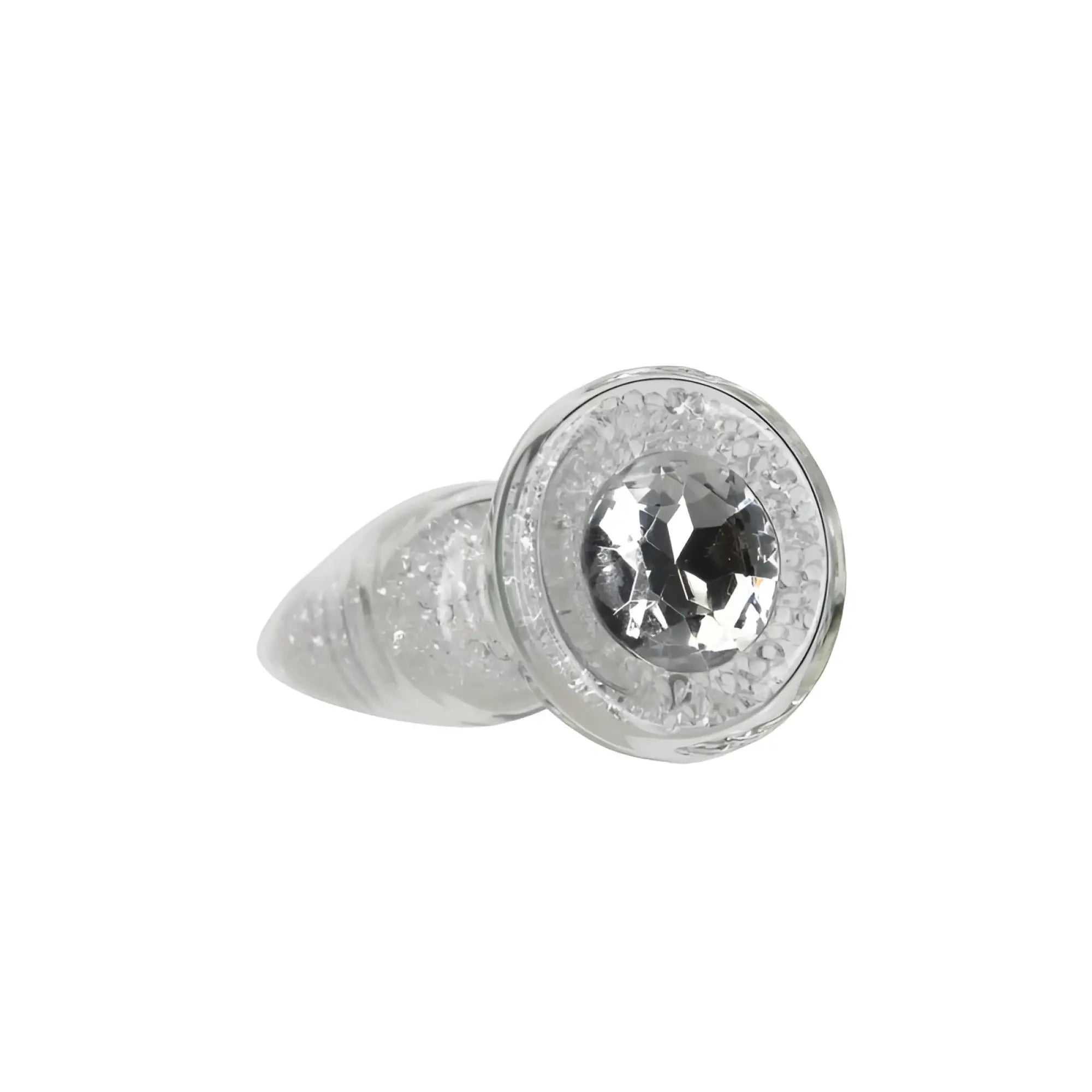Silver-toned pillow talk fancy luxurious glass anal plug with central faceted crystal and halo of clear crystals