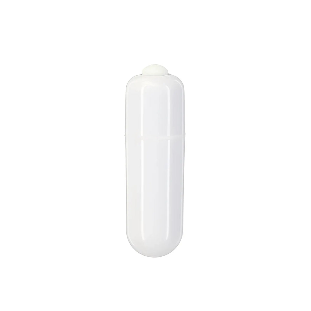 White translucent plastic capsule shaped anal plug with rounded ends and a clear gem by pillow talk fancy luxurious glass