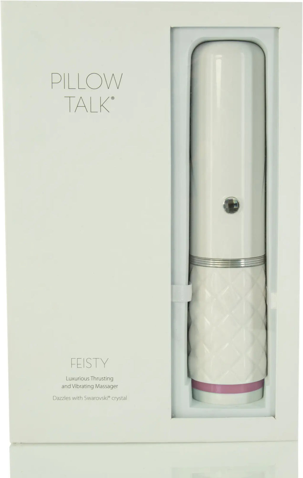 White ceramic pillow talk feisty pink luxurious vibrating massager with textured grip silver accent and pink crystal trim