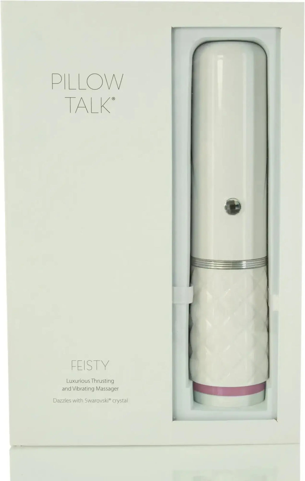 White ceramic pillow talk feisty pink luxurious vibrating massager with textured grip silver accent and pink crystal trim