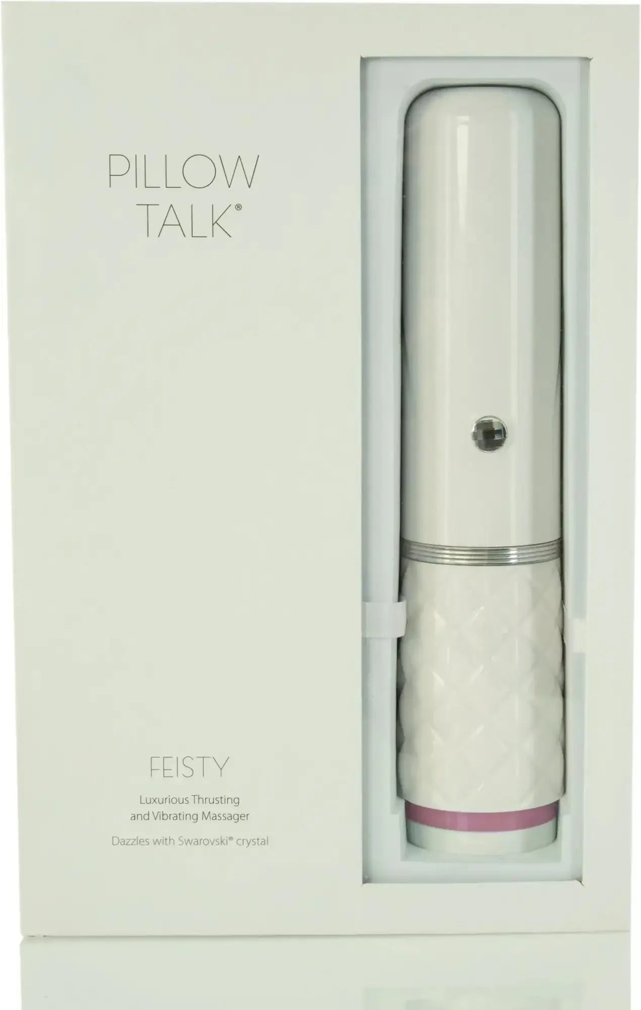 White ceramic pillow talk feisty pink luxurious vibrating massager with textured grip silver accent and pink crystal trim