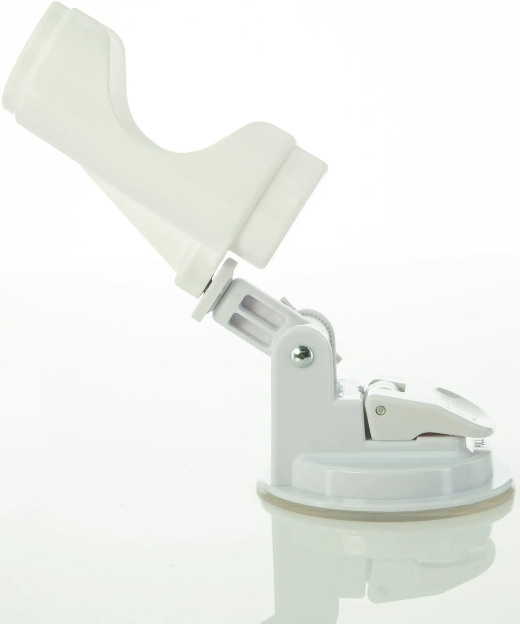 White plastic suction cup mount with adjustable arm and clip for pillow talk feisty pink product use