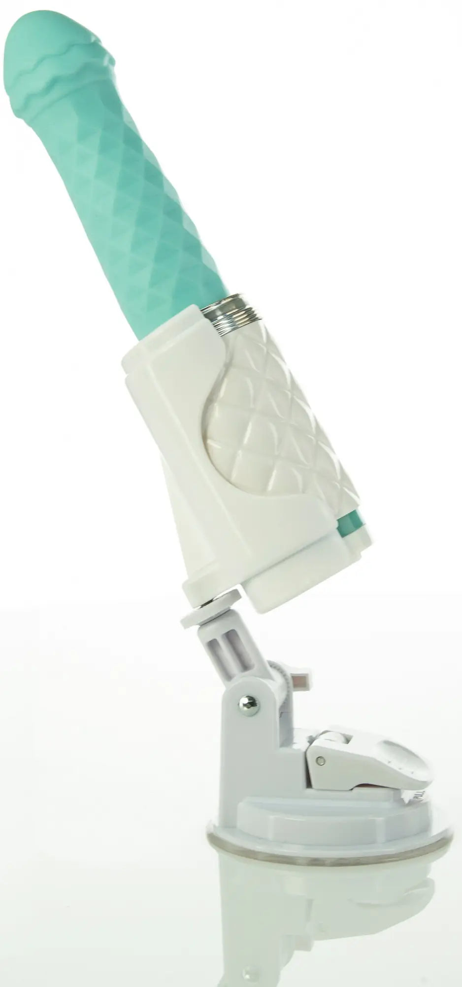 Teal textured silicone dildo with a white ergonomic base and adjustable stand from Pillow Talk Feisty collection