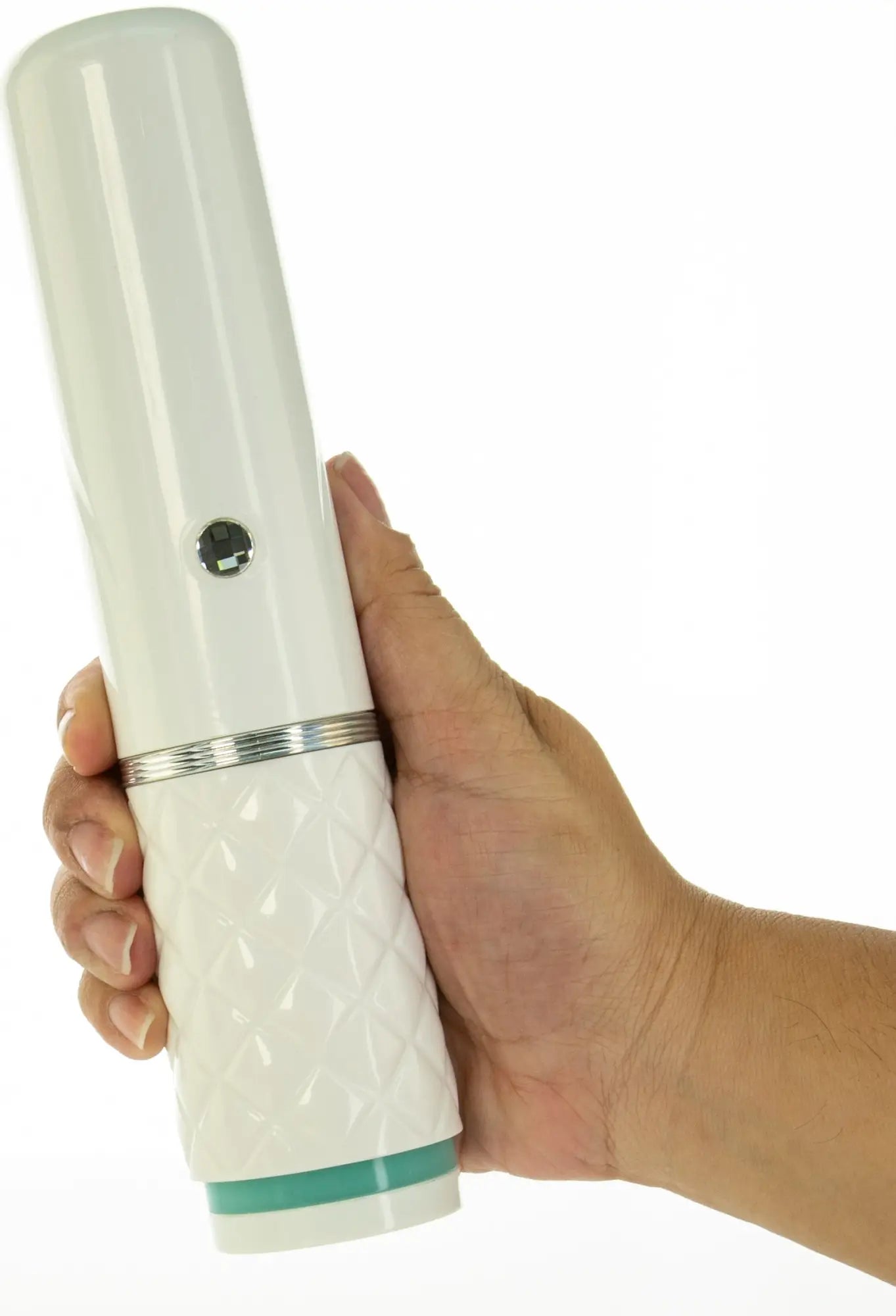 White ceramic handheld facial steamer with textured grip silver accent and teal trim from Pillow Talk Feisty Teal collection
