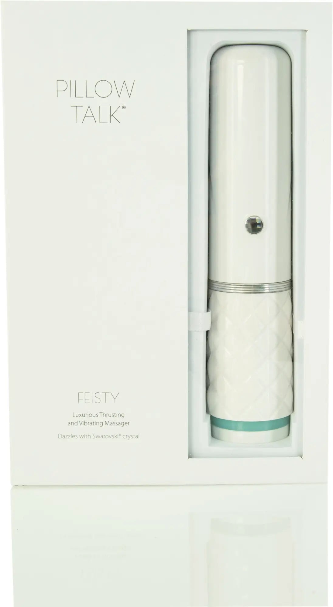 White cylindrical Pillow Talk feisty luxury vibrating massager with textured lower section teal base ring and silver band