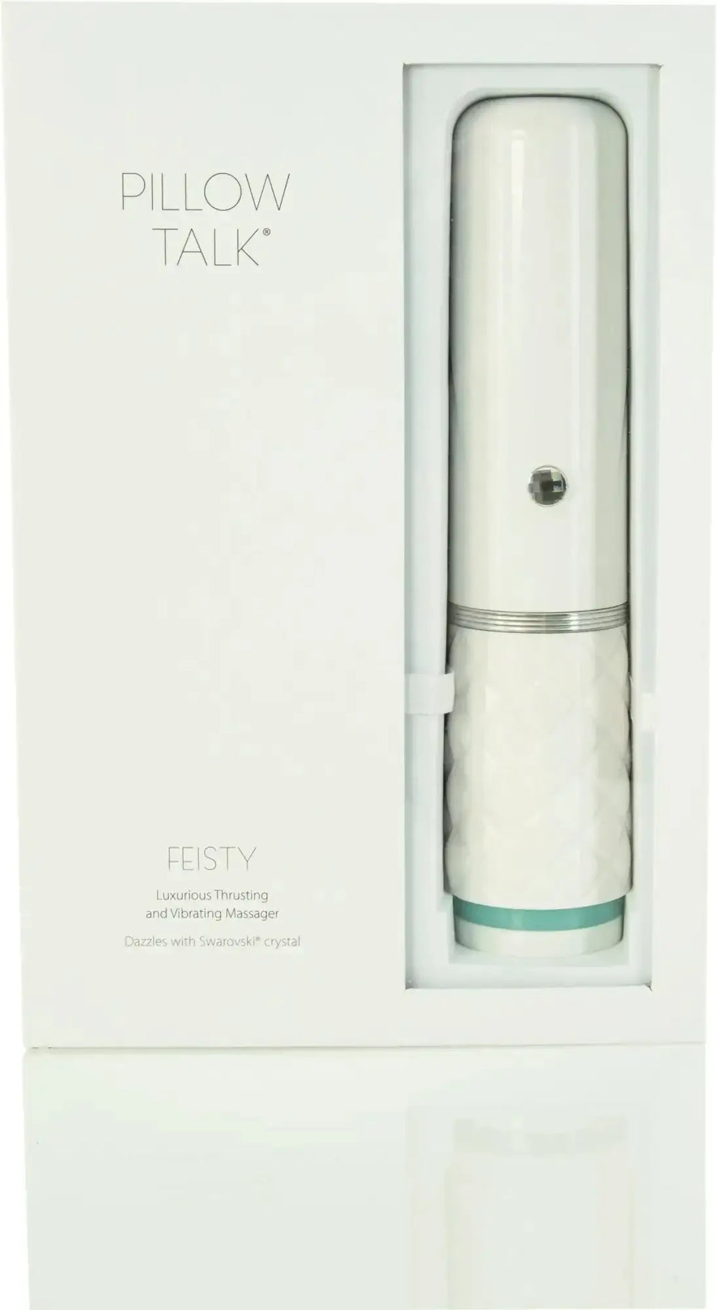 White cylindrical Pillow Talk feisty luxury vibrating massager with textured lower section teal base ring and silver band