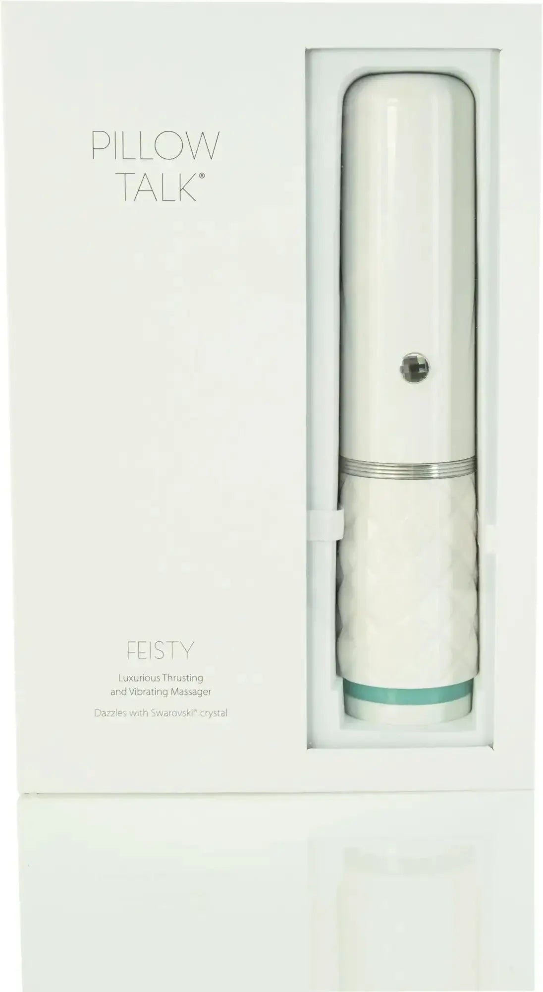 White cylindrical Pillow Talk feisty luxury vibrating massager with textured lower section teal base ring and silver band