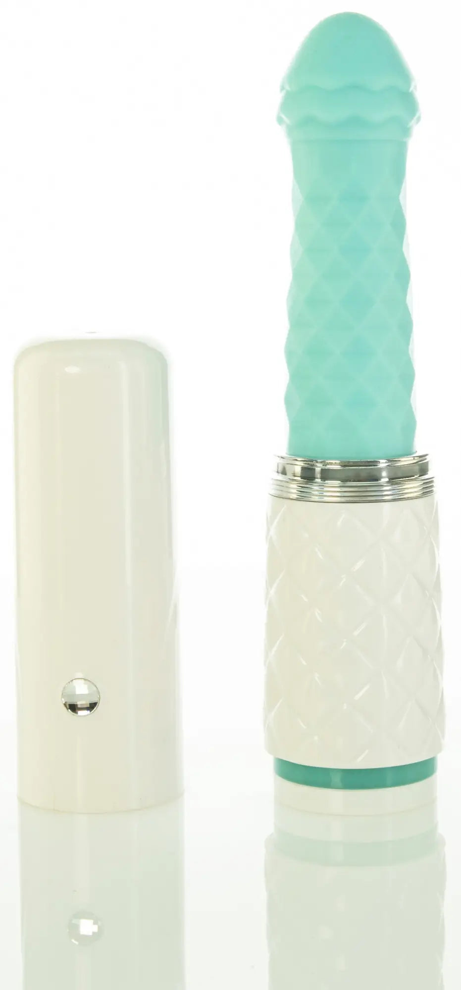 Teal and white textured vibrator with silver metallic accents from pillow talk feisty teal collection