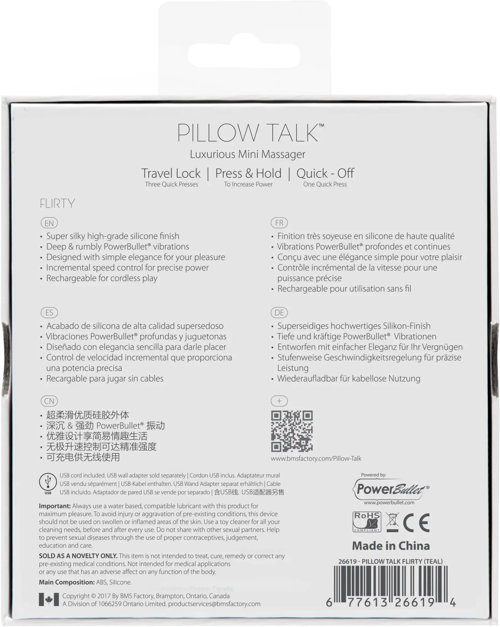 The back of pillow talk flirty pink mini massager packaging showing multilingual descriptions and product specifications