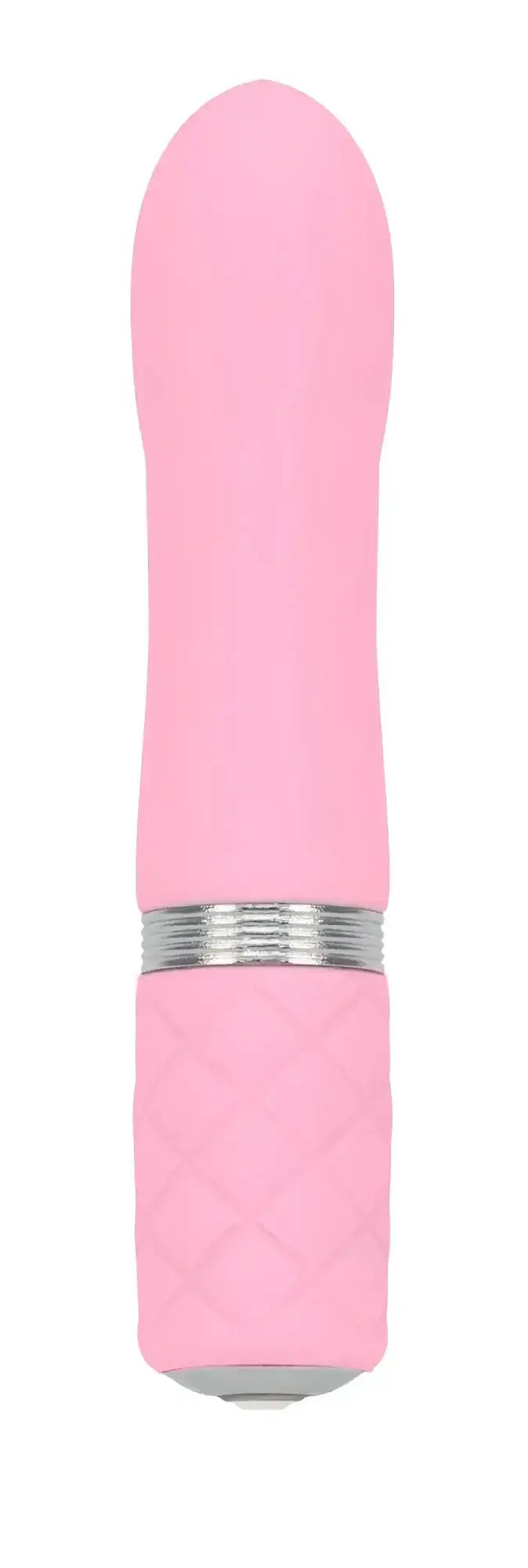 Pink silicone vibrator with silver metallic band and quilted texture from pillow talk flirty pink collection