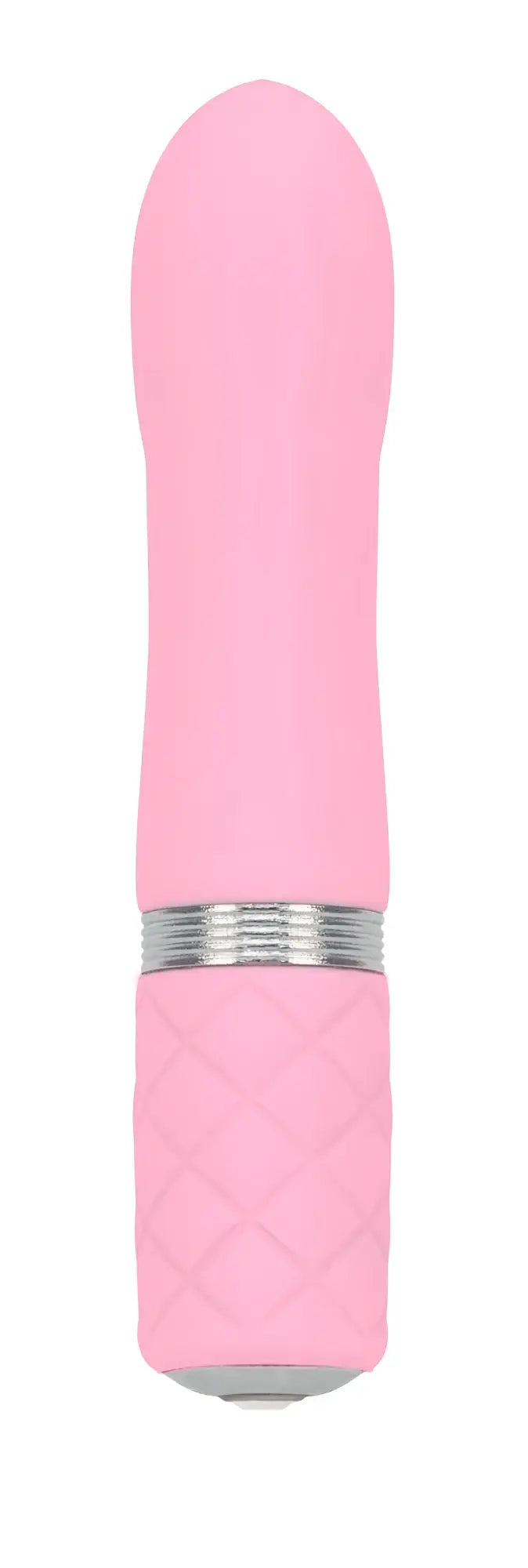 Pink silicone vibrator with silver metallic band and quilted texture from pillow talk flirty pink collection