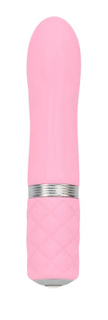 Pink silicone vibrator pillow talk flirty pink with silver metallic band and textured grip for comfortable use