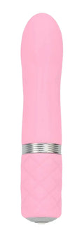 Pink silicone vibrator pillow talk flirty pink with silver metallic band and textured grip for comfortable use