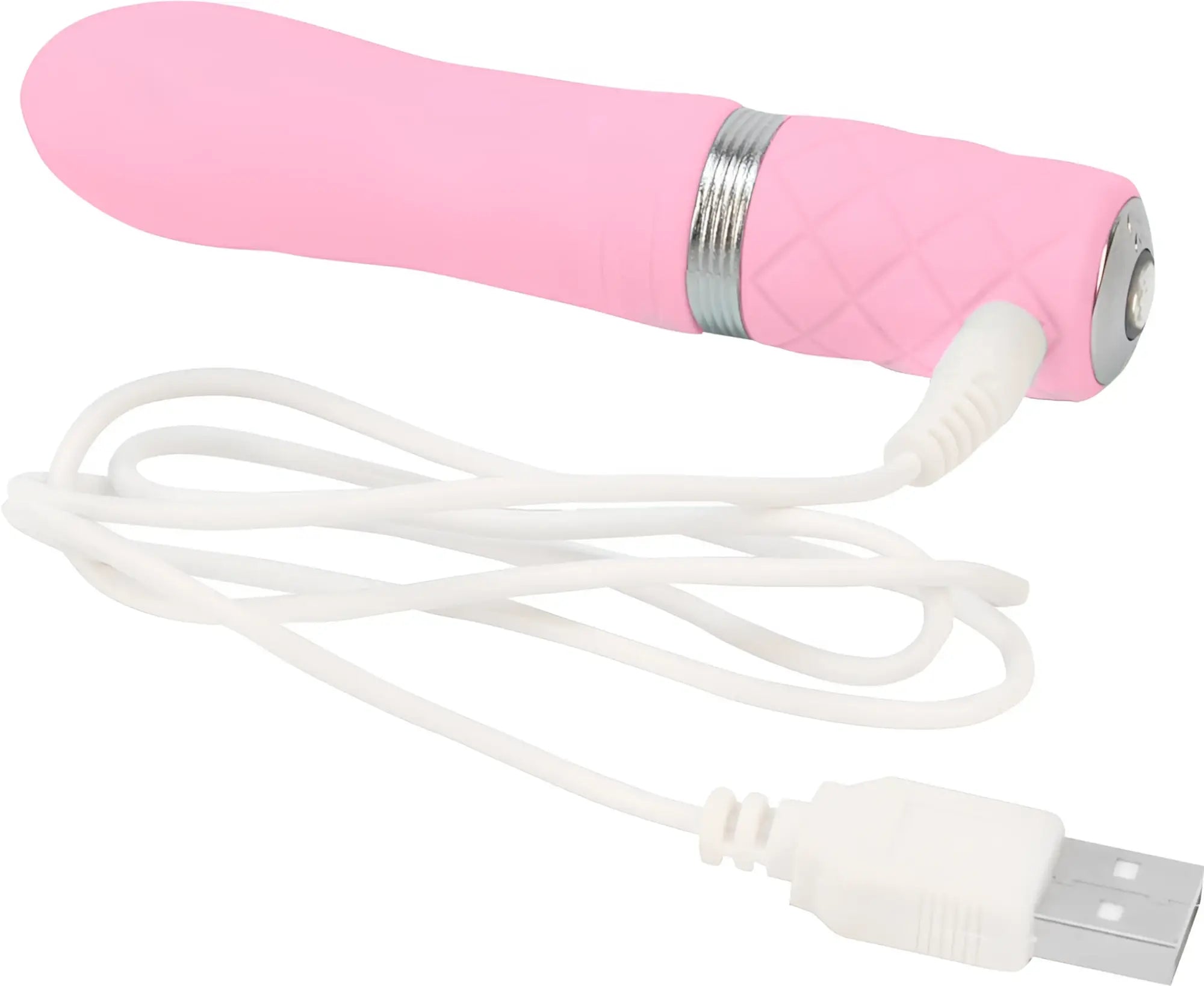 Pink silicone vibrator with silver metallic band and usb charging cable from pillow talk pillow talk flirty pink collection