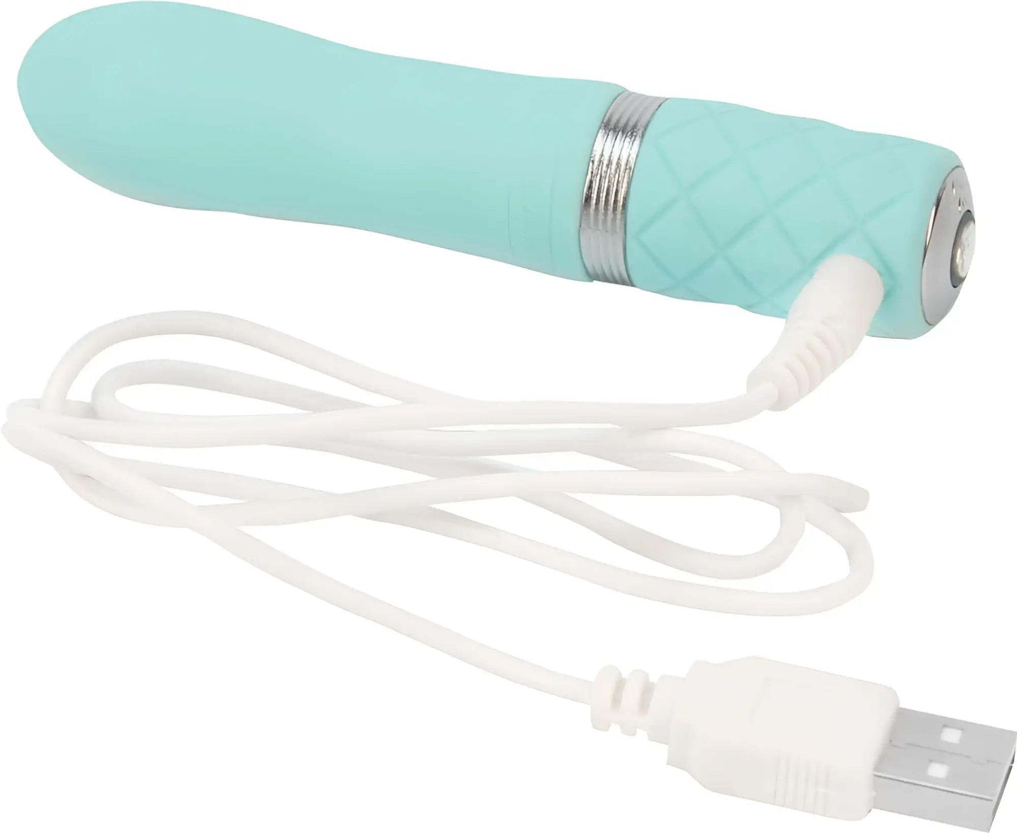 A teal textured silicone vibrator with a silver metallic band and usb charging cable from Pillow Talk Flirty Teal