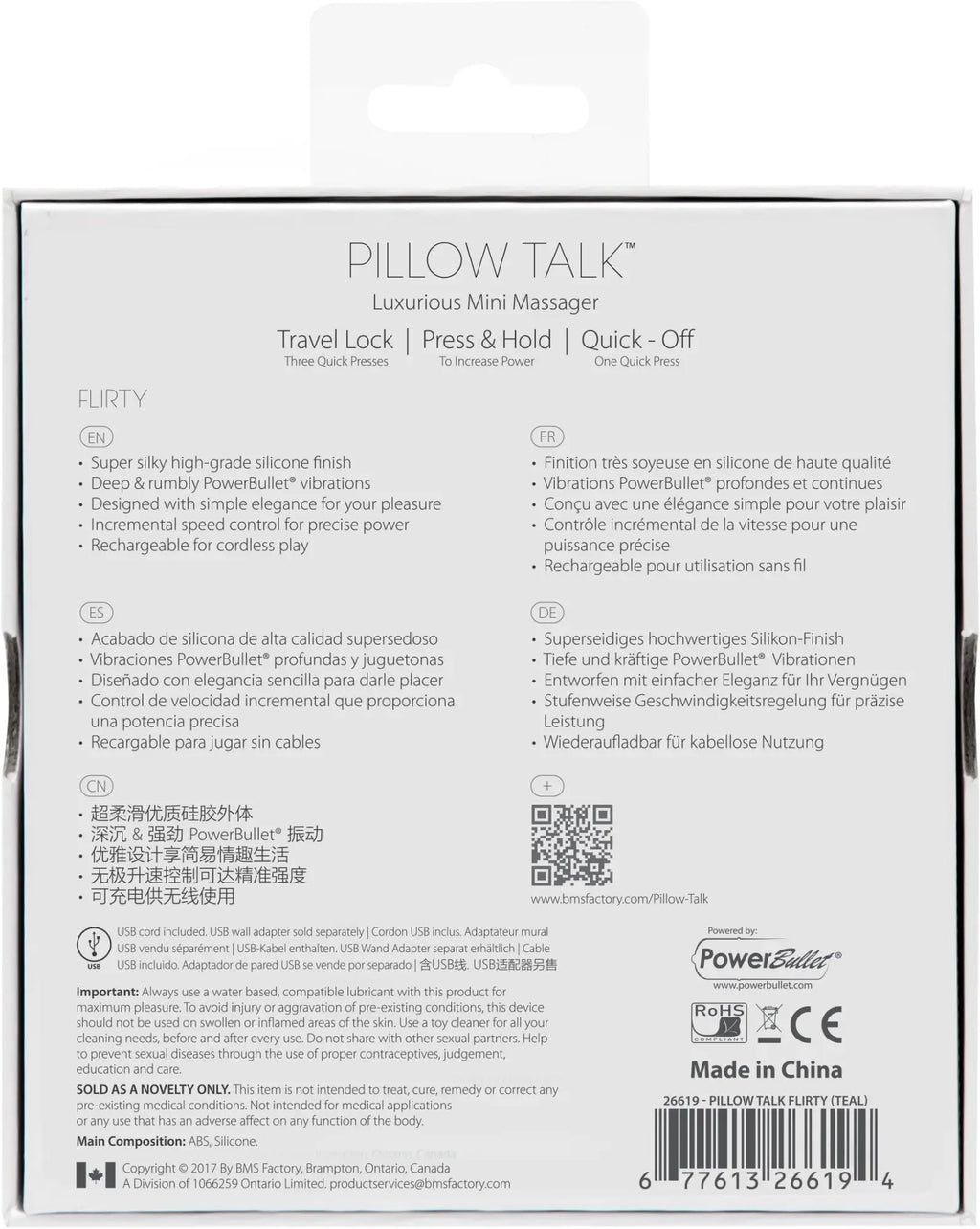 The back of pillow talk flirty teal mini massager packaging with multilingual descriptions and product details
