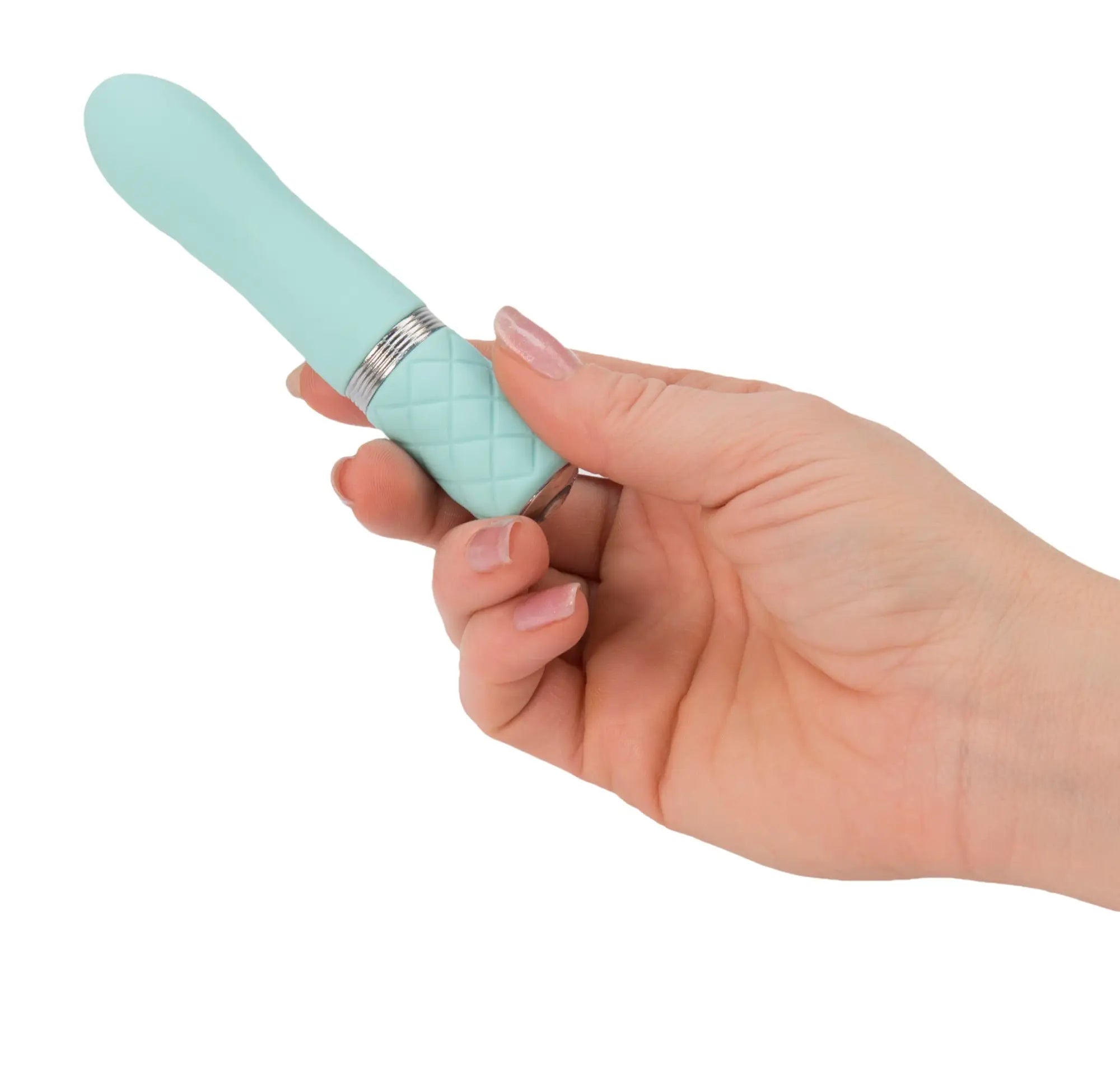 A mint green silicone vibrator with quilted textured grip and silver metallic band from Pillow Talk Flirty Teal