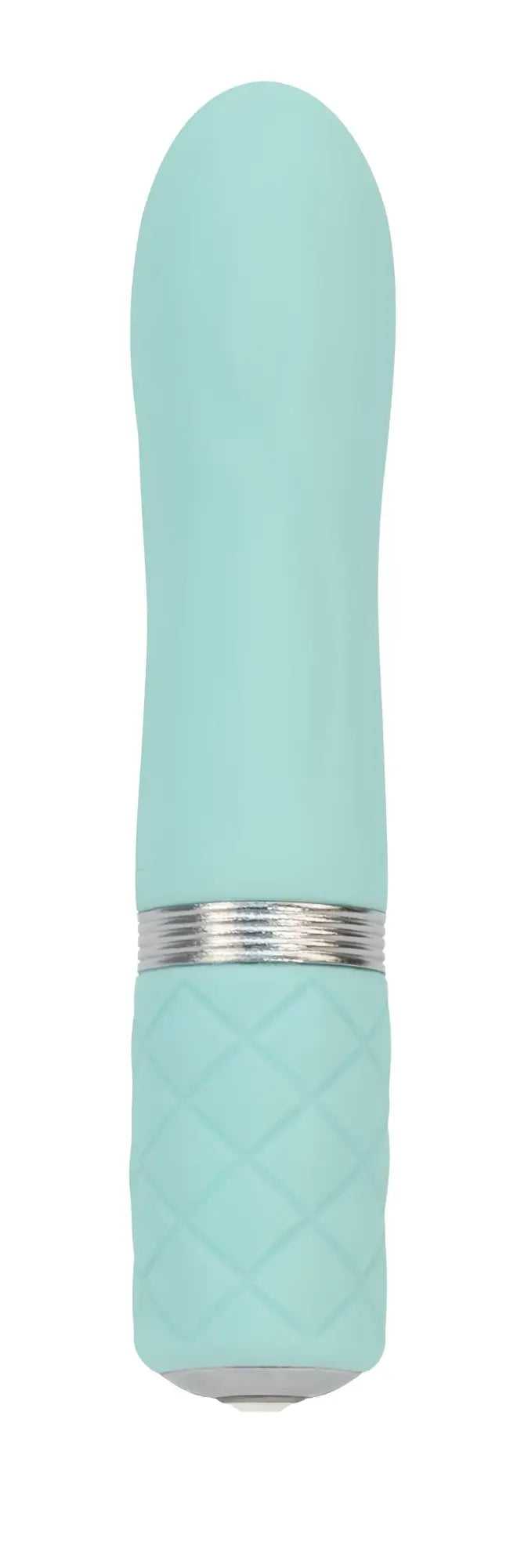 Mint green silicone vibrator with silver metallic band and quilted texture near base from pillow talk flirty teal line