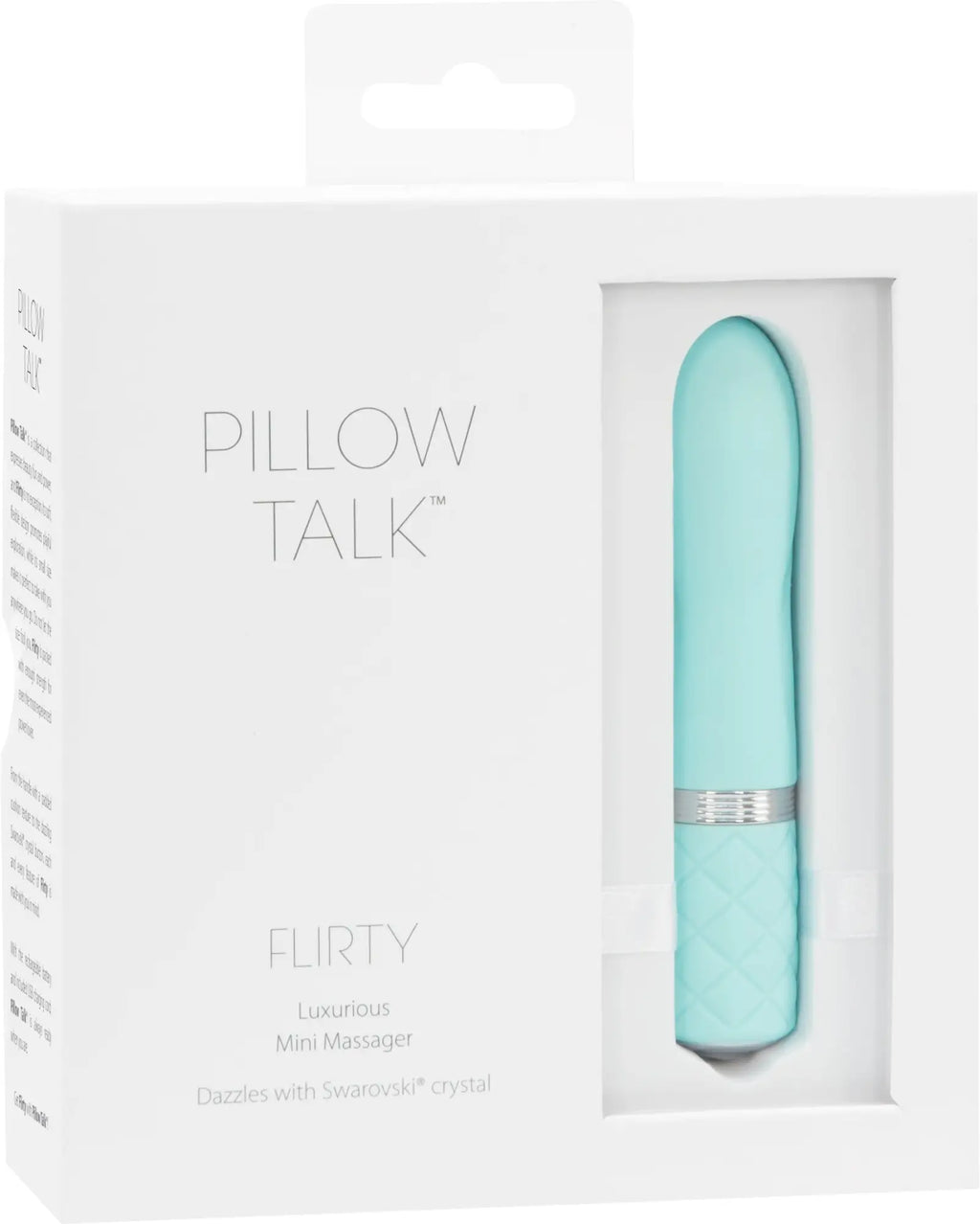 A mint green pillow talk flirty teal mini massager with silver band and textured grip for personal use