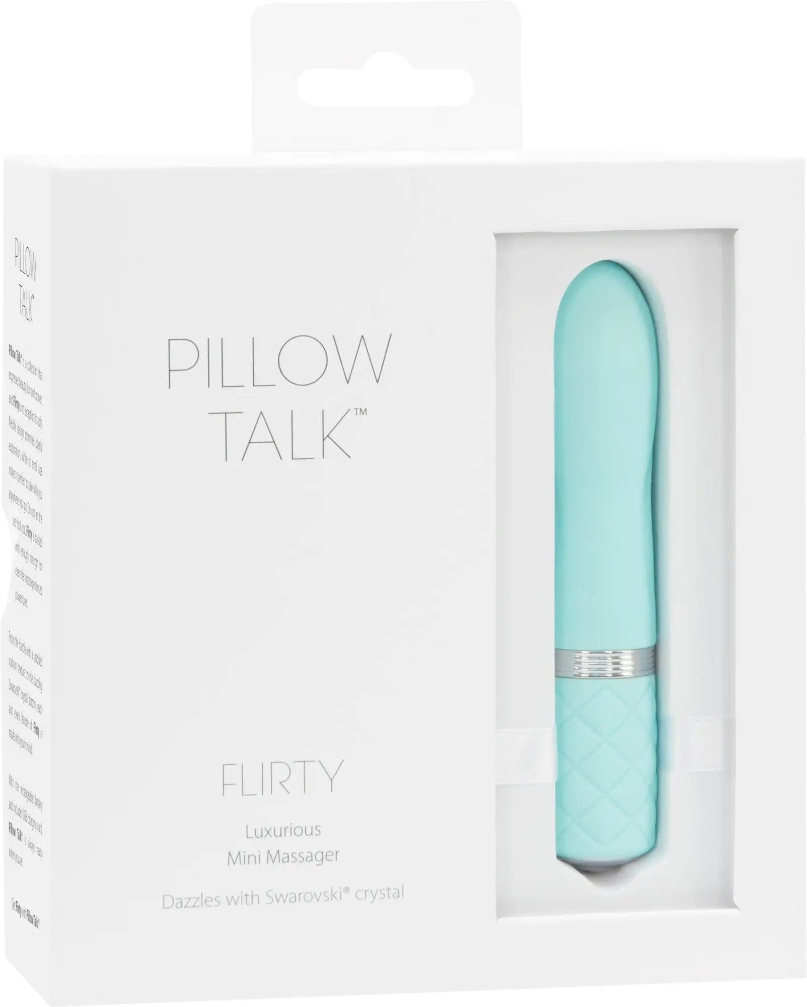 A mint green pillow talk flirty teal mini massager with silver band and textured grip for personal use