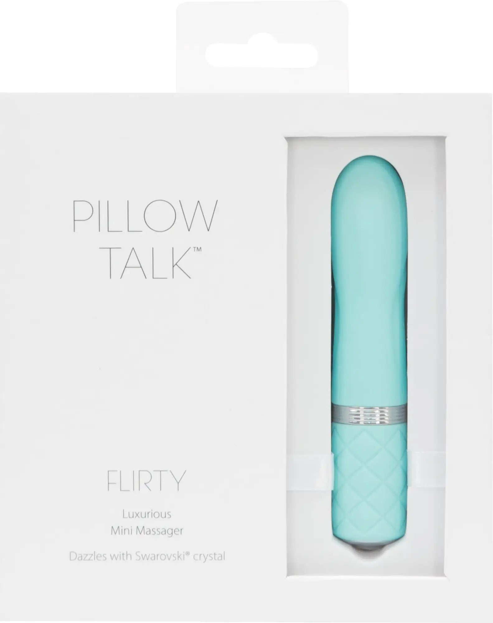A sleek mint green pillow talk flirty mini massager with silver accent band and quilted texture in teal
