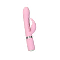 Pink silicone rabbit-shaped vibrator with textured grip and silver metallic band from pillow talk pillow talk lively pink