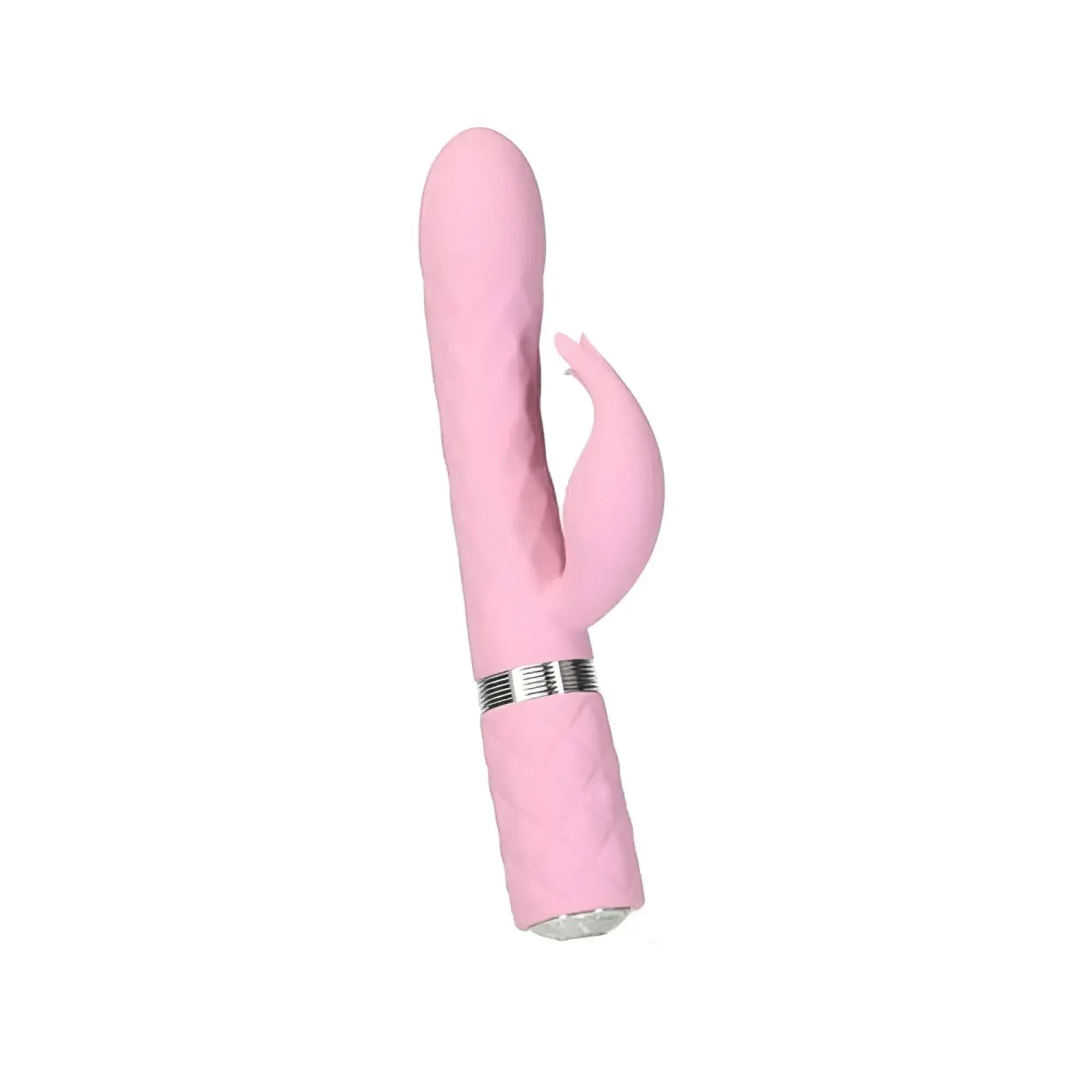 Pink silicone rabbit-shaped vibrator with textured grip and silver metallic band from pillow talk pillow talk lively pink