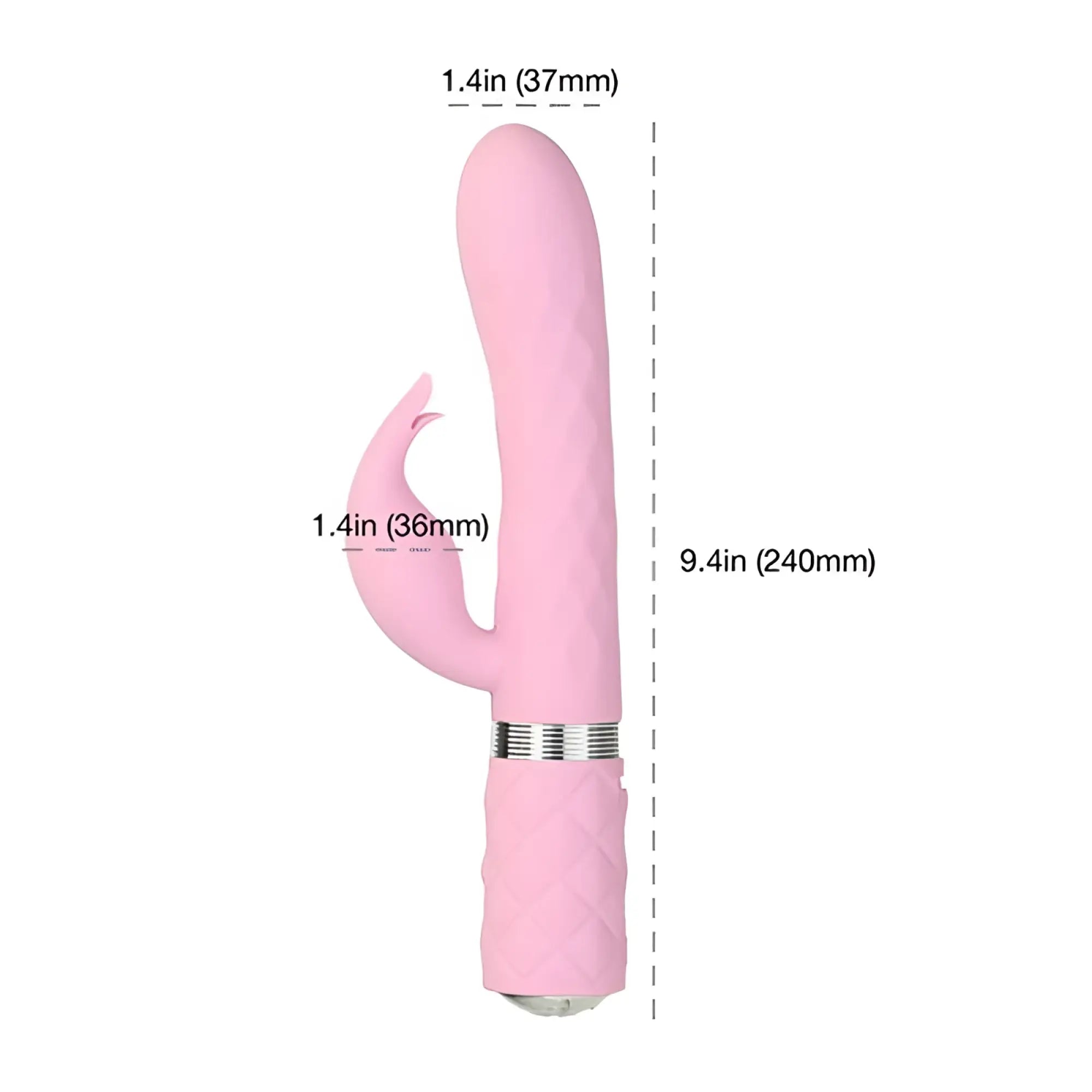 Pink silicone rabbit-shaped vibrator with textured surface and silver metallic band pillow talk lively pink