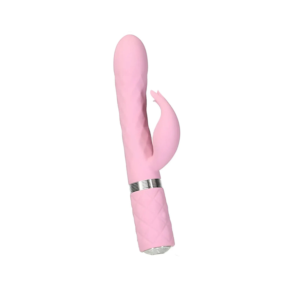 Pink silicone rabbit-shaped vibrator with textured grip and silver metallic band from pillow talk pillow talk lively pink