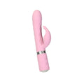 Pink silicone rabbit-shaped vibrator with textured grip and silver metallic band from pillow talk pillow talk lively pink