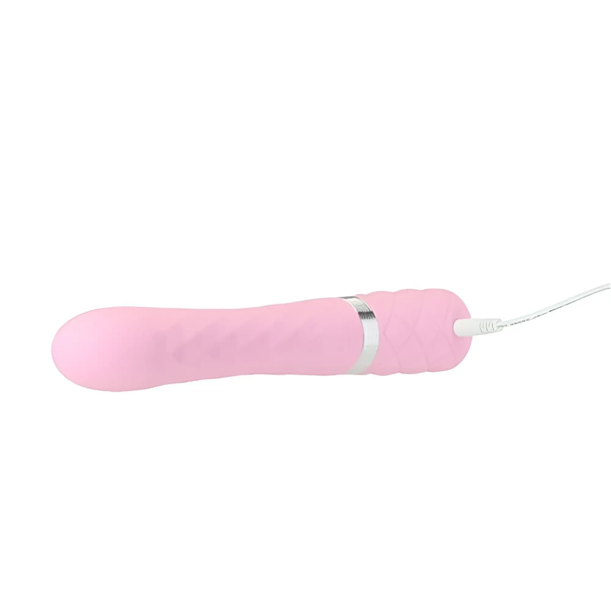 Pink silicone vibratory wand pillow talk lively pink with silver metallic band and white charging cable